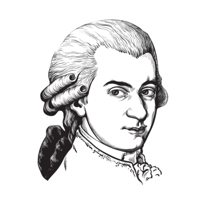 Wolfgang Amadeus Mozart. Great composer and musician. Hand drawn vector portrait in the style of engraving isolated on white background.